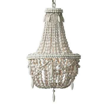 Farmhouse Distressed Wood Beaded 3-Light Large Chandelier in Antique White